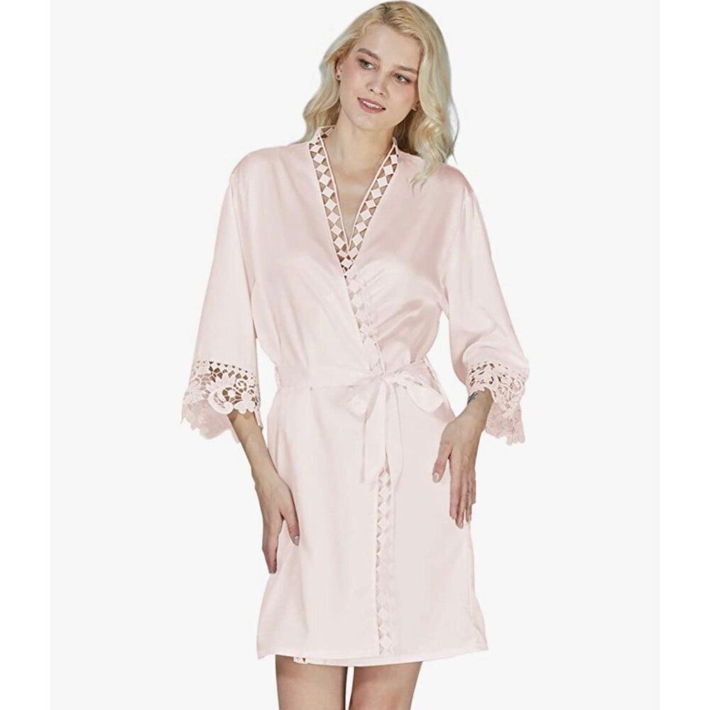 AW. Bridal Women Light Pink Satin Bridesmaid Robe Lingerie with Lace Accent Size